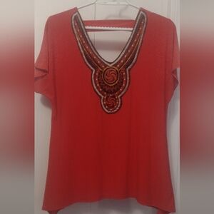 Claudia Richard boho vintage Embroidered orange top ptp 22"